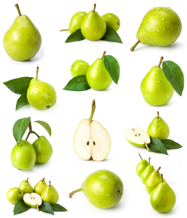 Different summer fruits set. Apple, pear, grapes, peach, apricot, cherry and gooseberry fruit isolated on white background. Creative layout. Top view, flat lay. Design element