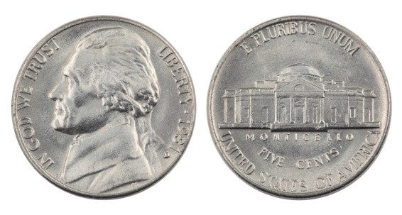 An United States Jefferson Nickel minted in Denver in 1981 isolated on white.