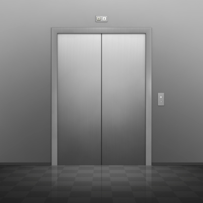 Elevator with up arrow illuminated in a gray environment.Could be useful element in a business composition.This is a detailed 3d rendering.