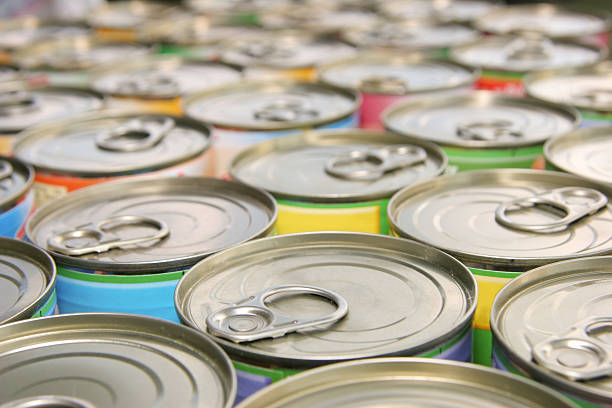 many ring-pull cans tin cans - focus on foreground canned food stock pictures, royalty-free photos & images