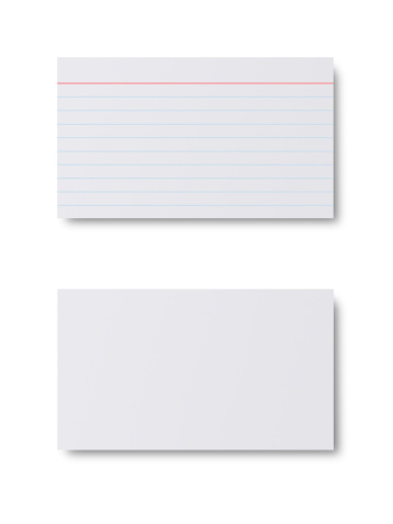 Front and back of standard 3x5 index card. One lined and one unlined index card. Isolated on white with drop shadow.