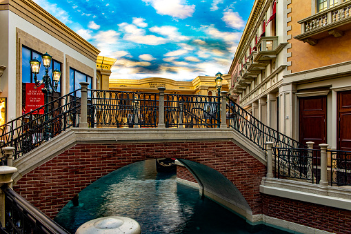 Las Vegas; USA; January 19, 2023: The Venetian canal at The Venetian hotel on the Las Vegas Strip, this boulevard is lined with casinos, hotels and themed resorts for gambling.