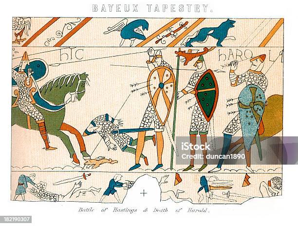Tkanina Z Bayeuxbitwa Pod Hastings - Stockowe grafiki wektorowe i więcej obrazów Tkanina z Bayeux - Tkanina z Bayeux, Średniowieczny, Kultura anglosaska