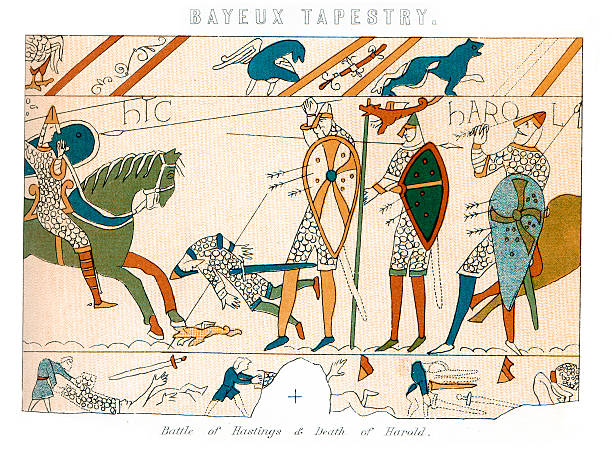 Bayeux Tapestry - Battle of Hastings "Vintage engraving showing a detail of the Bayeux Tapestry, the Battle of Hastings and the Death of King Harold." medieval illustrations stock illustrations