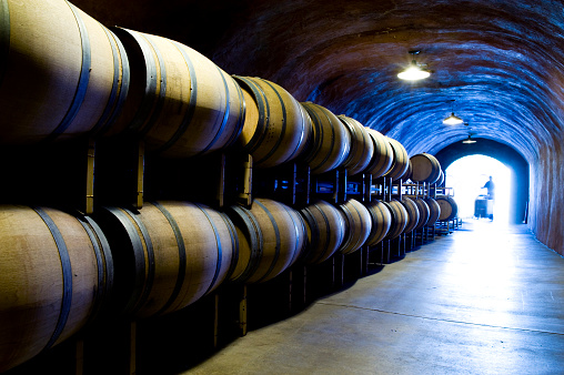 Wine cave with oak barrels in Napa Sonoma California winery with copy-space.