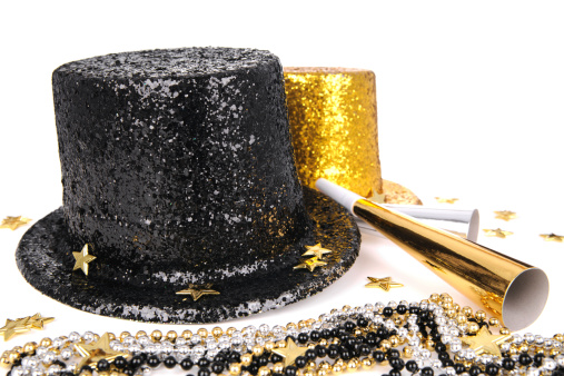 Black and gold glitter top hats and supplies on white.PLEASE CLICK ON THE IMAGE BELOW TO SEE MY Happy New Year LIGHTBOX: