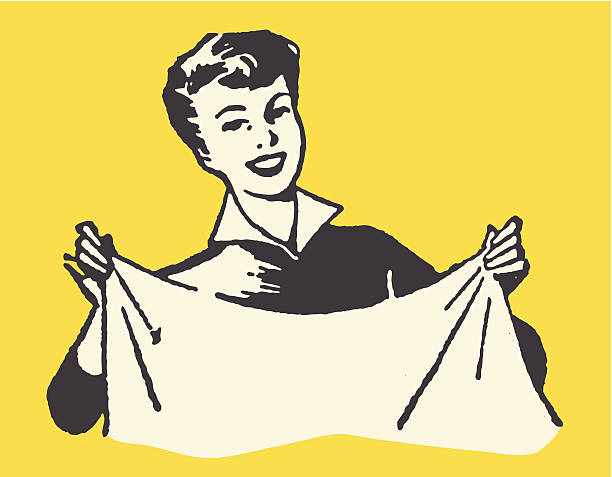 smiling woman holding sheet - stereotypical housewife stock illustrations
