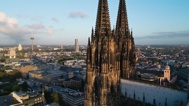 Aerial view Real time Footage of closeup Cologne cathedral at sunrise time in Downtown of Cologne, Germany,
