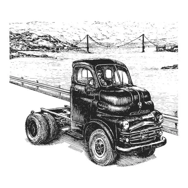 Vector illustration of Marine view with truck, vintage illustration in vector, drawing in retro style