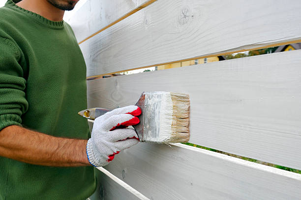 Man is painting with brush wooden fence on white color stock photo