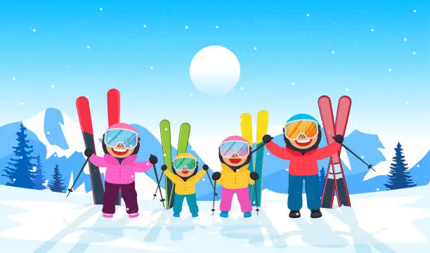 Vector illustration of Family skiing holidays in winter landscape background vector illustration.