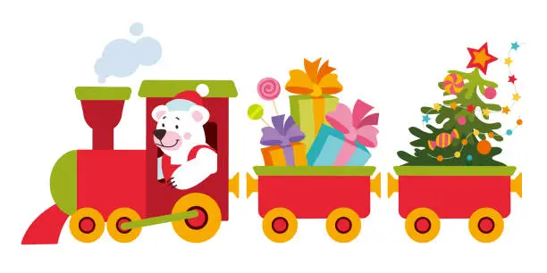 Vector illustration of Funny white polar bear in Santa Claus costume riding Christmas train. Christmas toy locomotive carrying Christmas tree and presents. Winter holiday clip art for holiday cards, tags and greeting card.