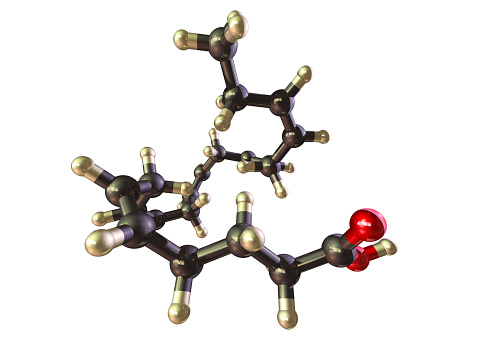 A ball and stick model of Eicosapentaenoic Acid or EPA. It is an omega-3 polyunsaturated fatty acid. It is introduced into the diet by eating oily fish. Isolated on white.