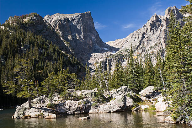 Dream Lake and Hallett Peak in Rocky Mountain National Park Dream Lake is in the foreground with Hallett Peak in the background. Framed by lush evergreen trees and a brilliant blue sky.  rocky mountain national park photos stock pictures, royalty-free photos & images