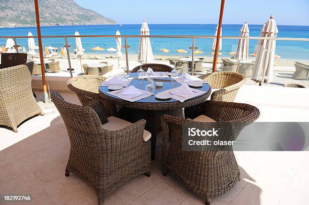 Hotel Restaurant At The Beach Stock Photo - Download Image Now - Bar - Drink Establishment, Beach, Blue