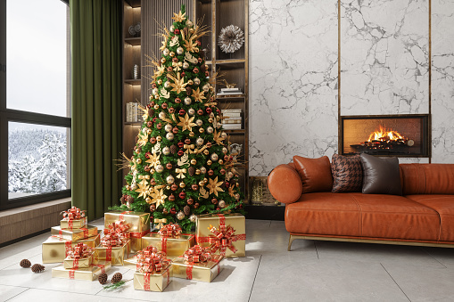 Luxury Living Room Interior With Christmas Tree, Ornaments, Gift Boxes, Fireplace, Sofa And Snow View Through The Window