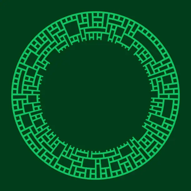 Vector illustration of Green geometric circular maze on dark background