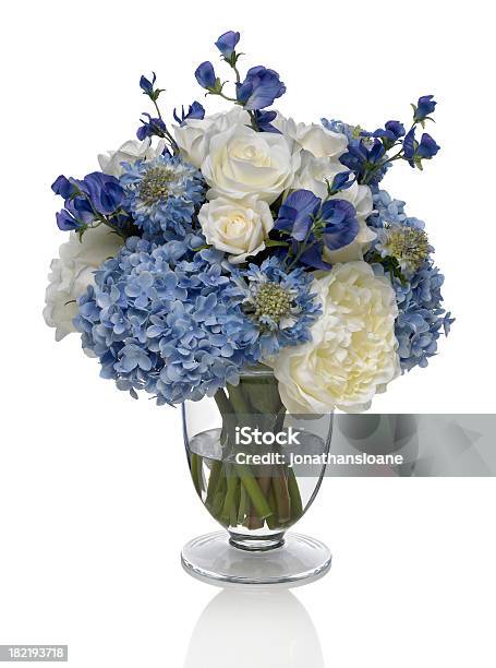 Ortensia E Peonia Fiori Su Sfondo Bianco - Fotografie stock e altre immagini di Blu - Blu, Bouquet, Vaso