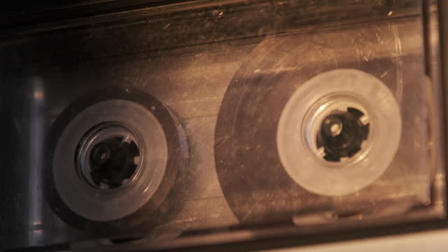Audio Cassette Playback in Vintage Tape Recorder, Transparent Reels with Tape