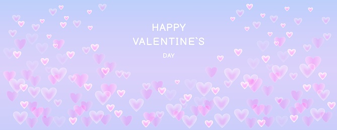 Banner happy Valentineâs day. Vector illustration glowing, smooth, smoke  hearts on a blue background. Horizontal border with copy space. Suitable for email header, post in social networks, advertising, events and page cover, banner, background, sale