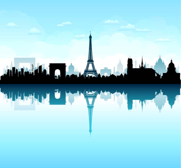 ilustraciones, imágenes clip art, dibujos animados e iconos de stock de silueta del horizonte de parís, francia (todos los edificios están completos y son móviles) - blue background french culture european culture france