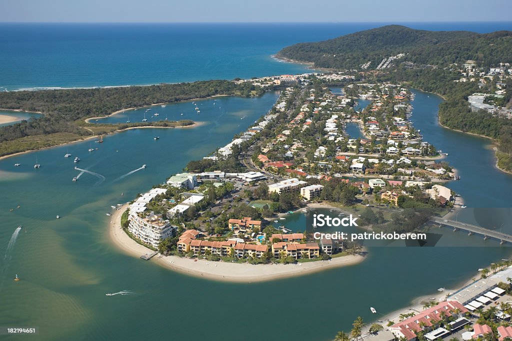 Noosa Noosa Sound with Laguna Bay in the background. The river is crystal clear and a favourite holiday destination. Noosa Heads is the premium destination on the Sunshine Coast Queensland Australia. Aerial View Stock Photo