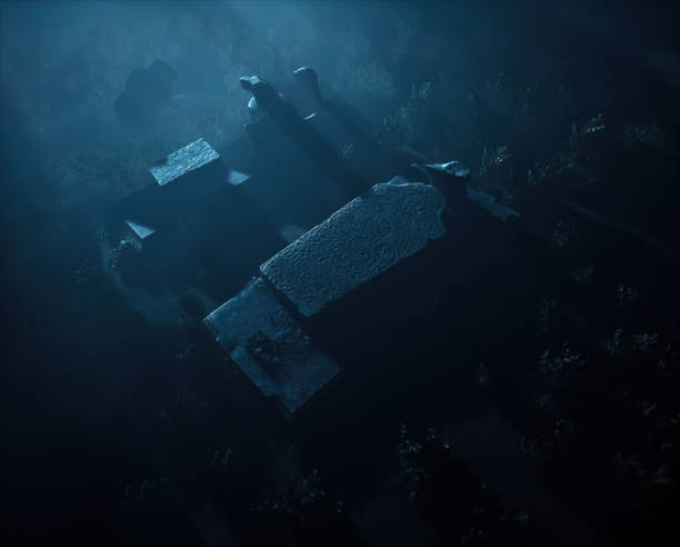 istock Ancient tombstones on graveyard in misty night. Top view. 1821951228