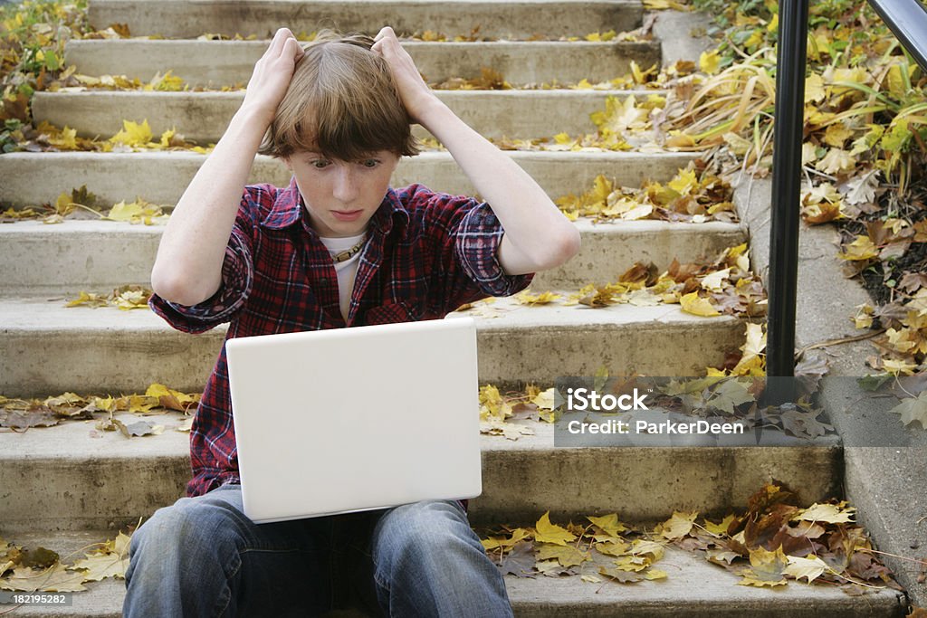 Jeune garçon contrarié tout en utilisant un ordinateur dans la Nature - Photo de 14-15 ans libre de droits