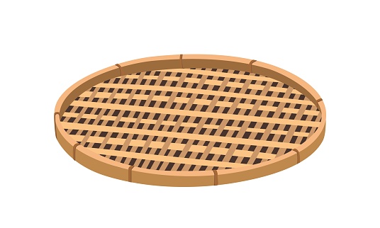 Flat winnowing basket vector. Vintage bamboo winnowing basket. agricultural tool. Flat vector in cartoon style isolated on white background.