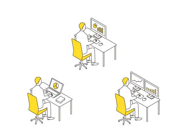 Vector illustration of desk work. businessman using a laptop computer and dual monitors. Isometric illustration set.