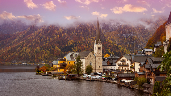 Beautiful of  Autumn season Landscape view Famous Hallstatt mountain village and alpine lake, Austrian Alps