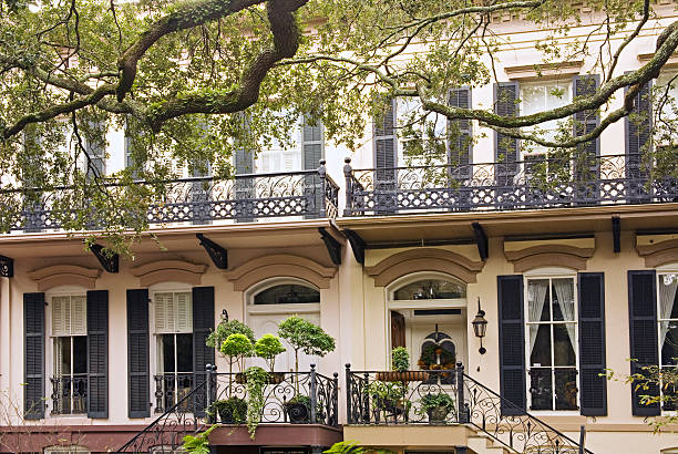 istock Savannah GA: Two Old Houses with Wrought Iron Balconies 182197754