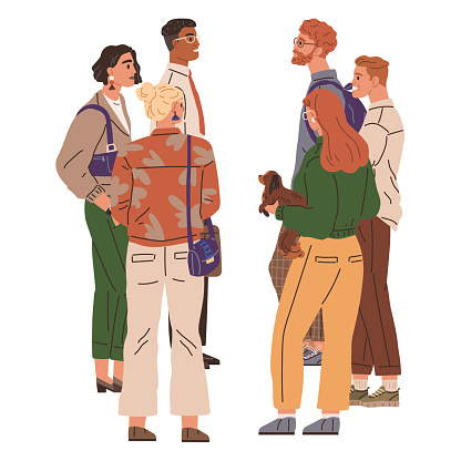Waiting line, people queuing. Vector illustration. Standing in line is considered sign civility and order The person wait for table at popular restaurant cbe quite long The big queue at concert hall