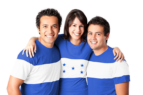 Friends making a Honduran flag with their t-shirt