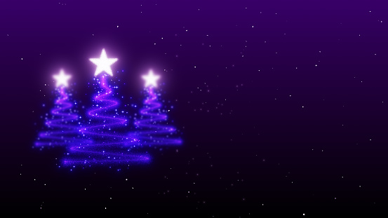 Purple particles come together to form a Christmas tree, with a sparkling star that pops up with joy. This stock image also gives copyspace for your creative additions. Particles gently falling against a backdrop of purple color gradients, creating a festive ambiance. Perfect for adding a touch of magic to your holiday-themed projects.