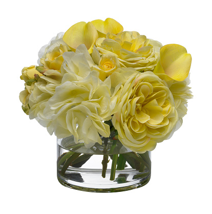 A yellow rose and calla lily bouquet in a glass cylinder.  Photographed on a bright white background. Extremely high quality faux flowers.