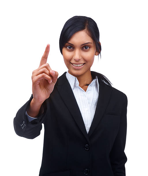 istock Smiling young businesswoman gesturing over white background 182198582