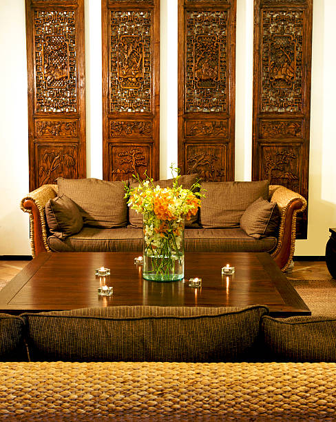 Earth tone living room with Asian style.