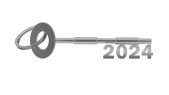 2024 New Year Keywords concept on white background, High resolution sharp 3d rendering