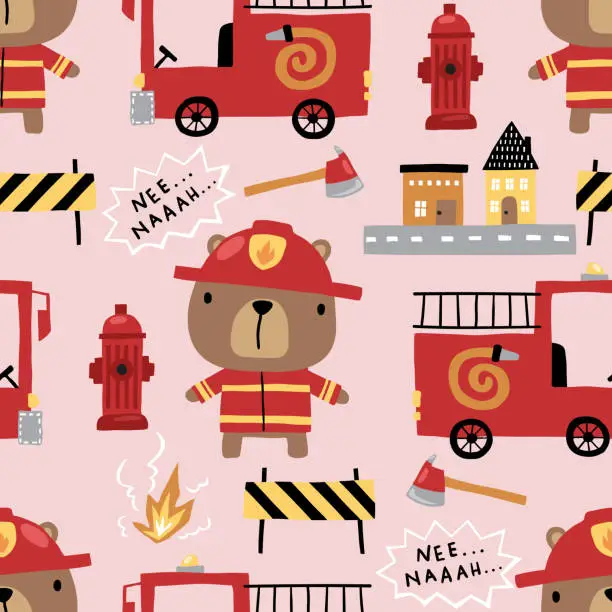 Vector illustration of Seamless pattern vector of cute bear in fireman uniform with fire fighter elements