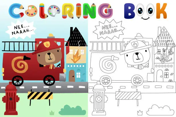 Vector illustration of Vector cartoon illustration, cute bear driving firetruck in road city, coloring book or page