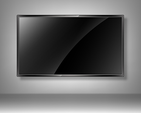 Empty flat TV screen hanging on wall. Realistic TV screen mockup. Modern lcd panel. Led monitor display. Blank television template. Vector realistic illustration