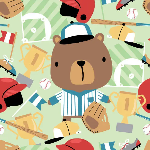 Vector illustration of Seamless pattern vector of little bear in baseball uniform with baseball elements illustration