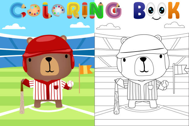 illustrazioni stock, clip art, cartoni animati e icone di tendenza di illustrazione vettoriale dei cartoni animati, simpatico orso in uniforme da baseball nello stadio di baseball, libro da colorare o pagina - baseballs baseball stadium athlete