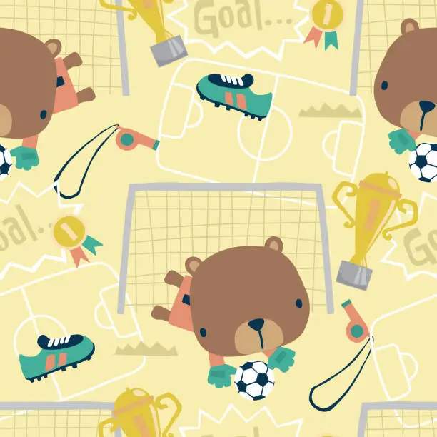 Vector illustration of Seamless pattern vector of cartoon cute bear goalkeeper with soccer elements