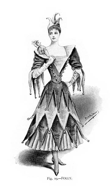 Vintage engraving of a young woman in a Jester Fancy Dress Costume