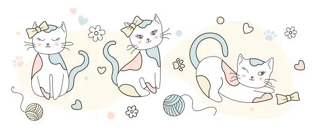 Vector illustration of Set of cute vector kitten girls
