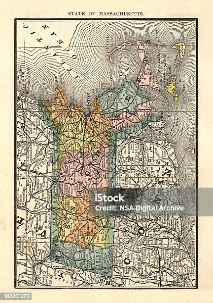 Massachusets Usa Antico Mappe Ad Alta Risoluzione - Immagini vettoriali stock e altre immagini di America del Nord - America del Nord, Antico - Vecchio stile, Carta