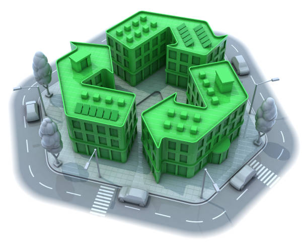 Green buildings in recycle formation in the middle of gray stock photo