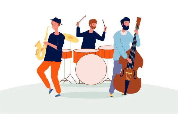 Vector illustration of Music band. Drummer saxophonist and guitarist. Vector stylized characters